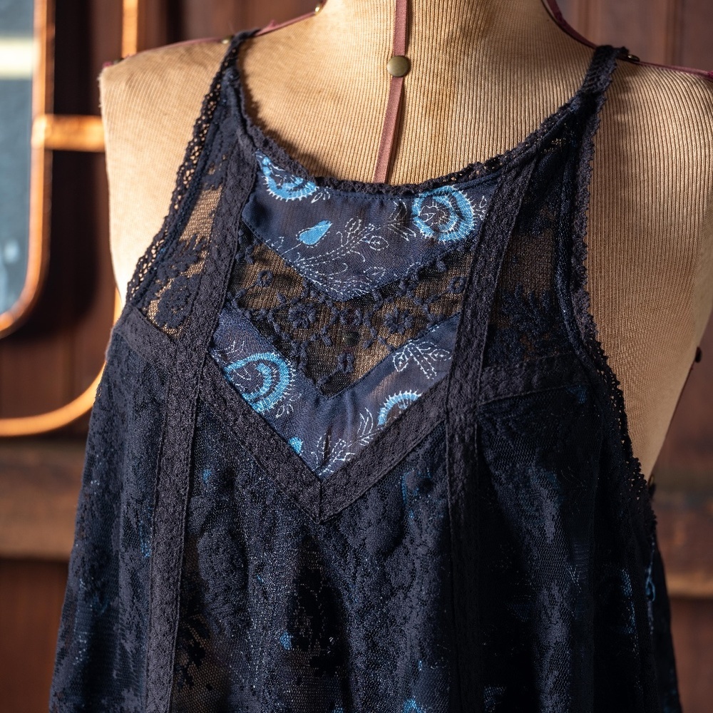 Free People Sexy Sheer Floral Lace Sleeveless Top with Ties